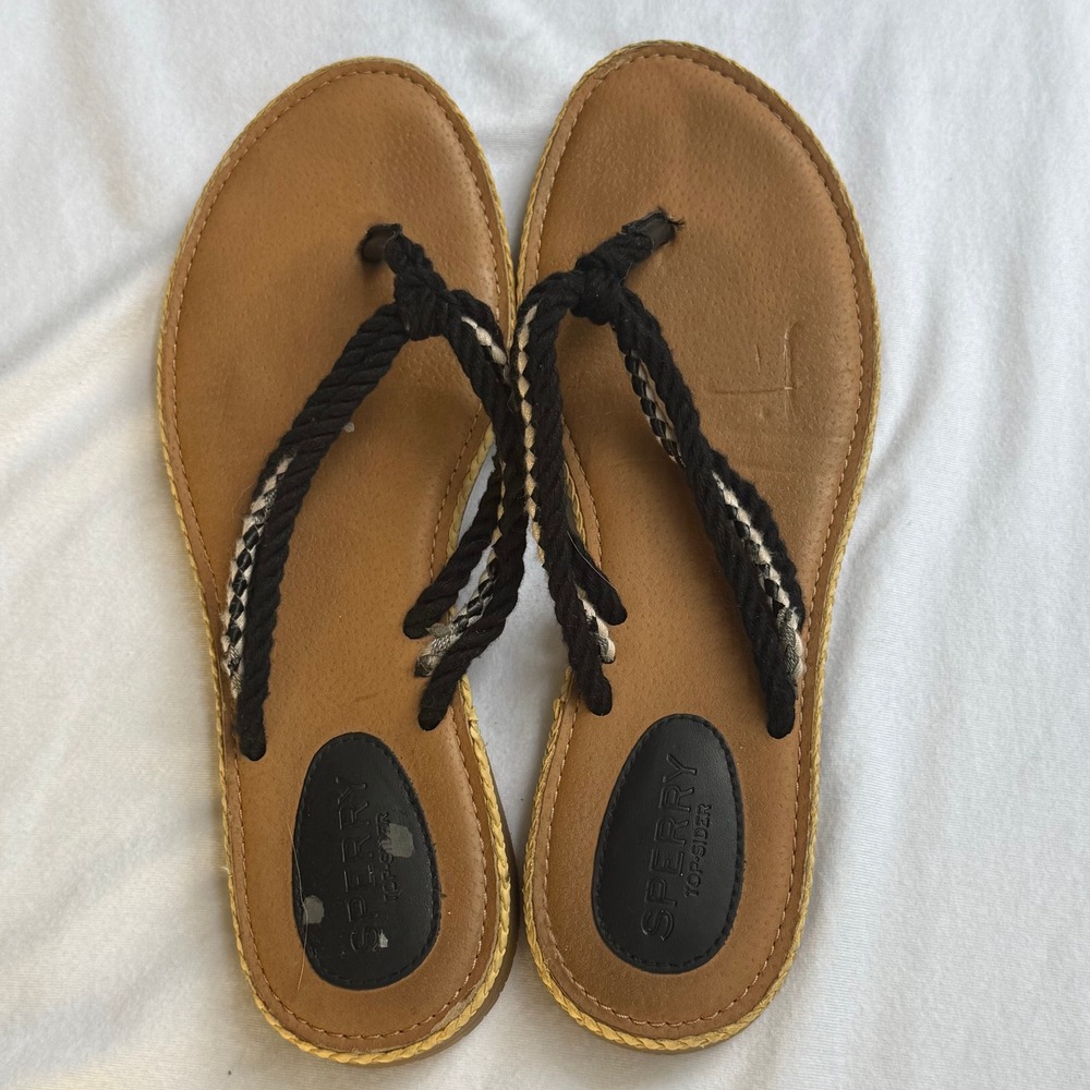 Sperry Top-Sider Womens Rope Thong Flip Flop Sandals Black Tan Nautical Braided